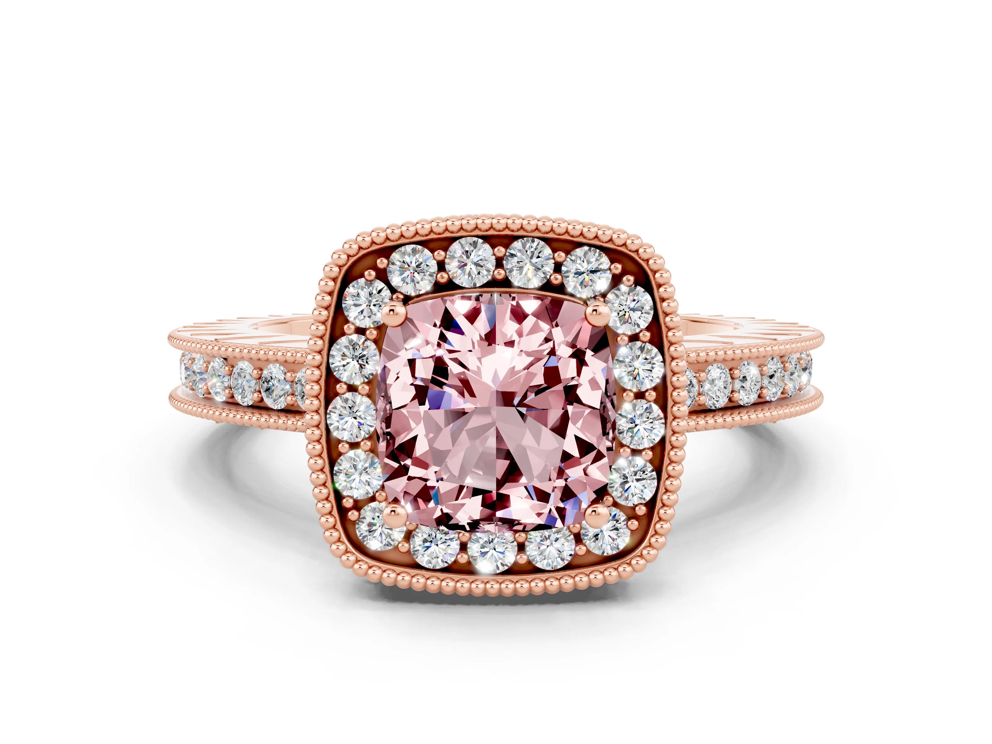 Rose gold Cushion Cut Halo Diamond Engagement Ring with Milgrain Pave Band and Four-Prong Setting