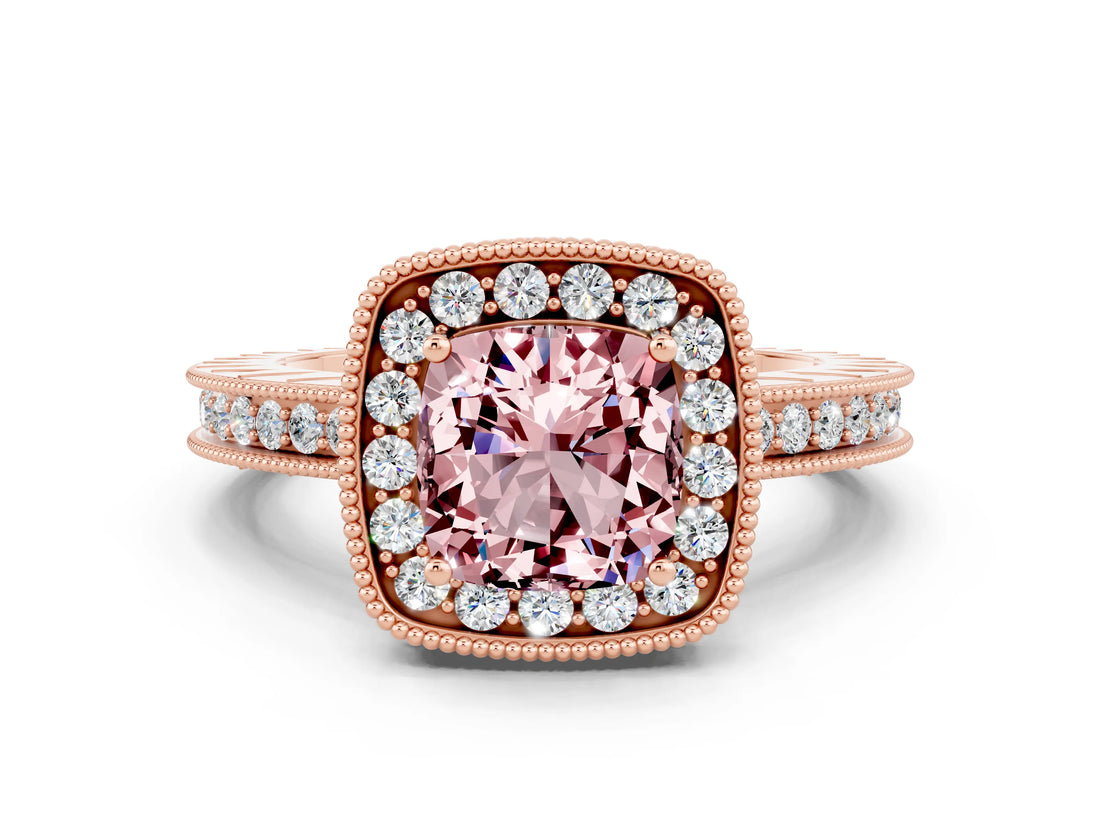 Rose gold Cushion Cut Halo Diamond Engagement Ring with Milgrain Pave Band and Four-Prong Setting