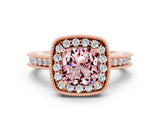 Rose gold Cushion Cut Halo Diamond Engagement Ring with Milgrain Pave Band and Four-Prong Setting