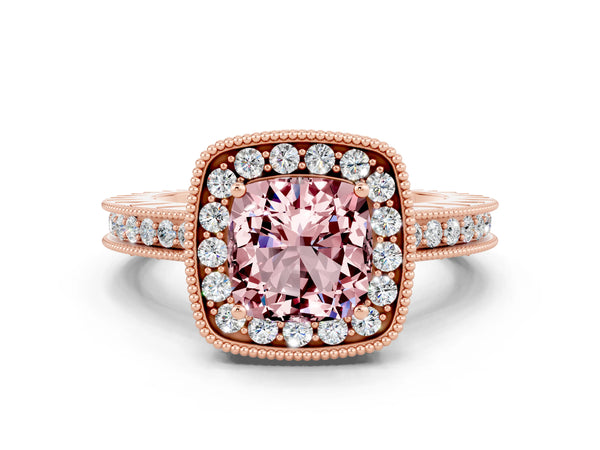 Rose gold Cushion Cut Halo Diamond Engagement Ring with Milgrain Pave Band and Four-Prong Setting