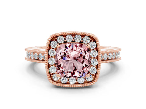 Rose gold Cushion Cut Halo Diamond Engagement Ring with Milgrain Pave Band and Four-Prong Setting