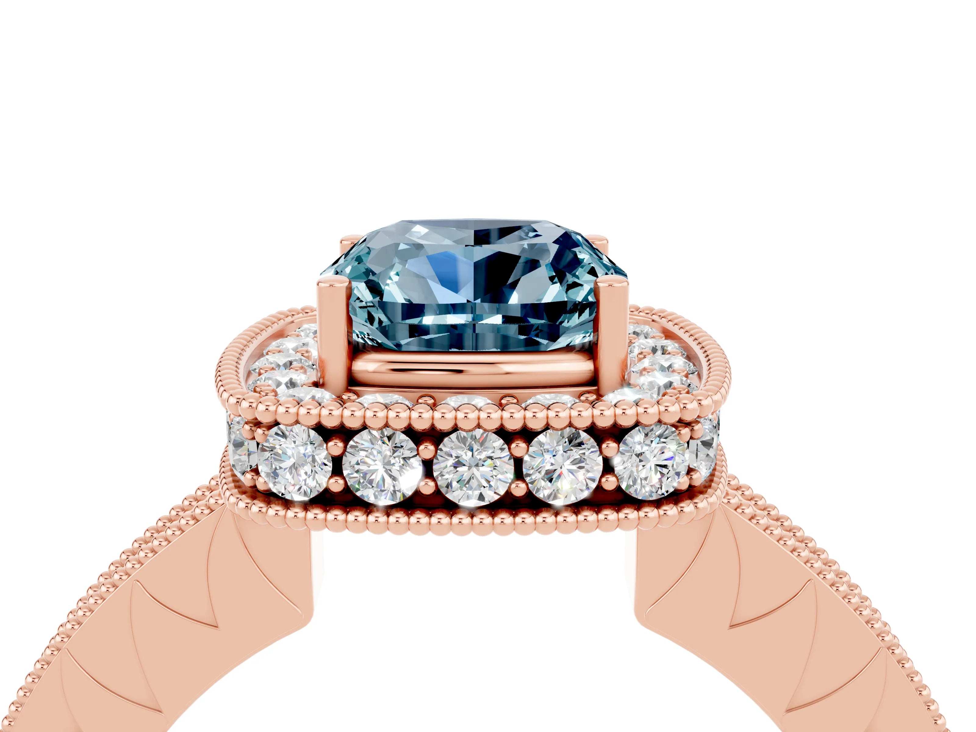 Rose gold Cushion Cut Halo Diamond Engagement Ring with Milgrain Pave Band and Four-Prong Setting_4