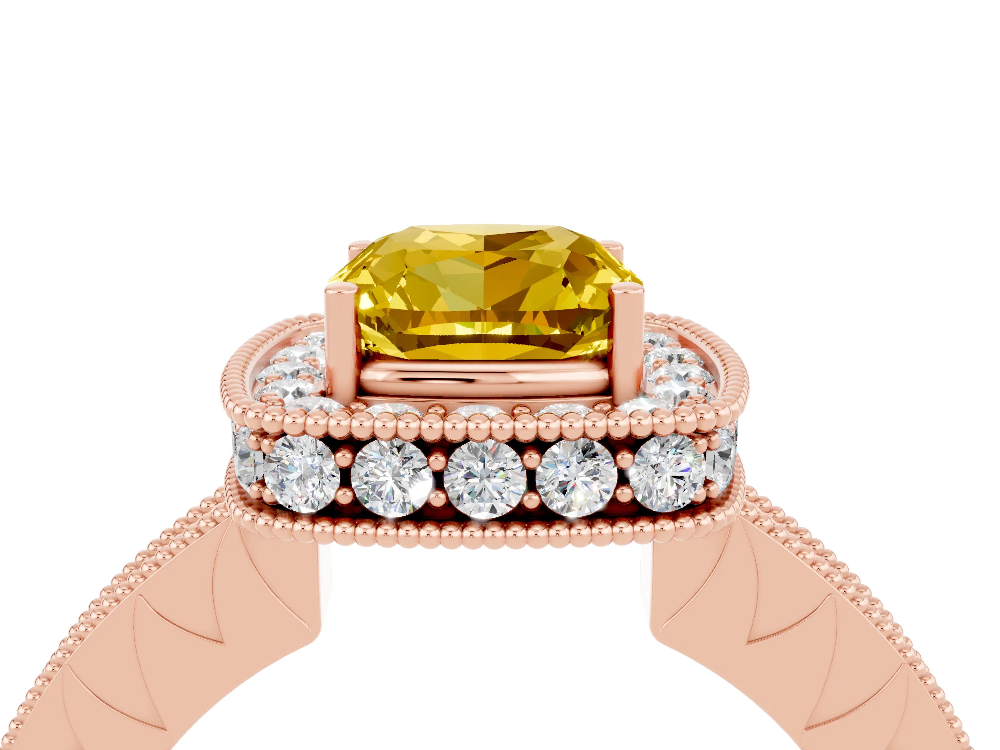 Rose gold Cushion Cut Halo Diamond Engagement Ring with Milgrain Pave Band and Four-Prong Setting_4