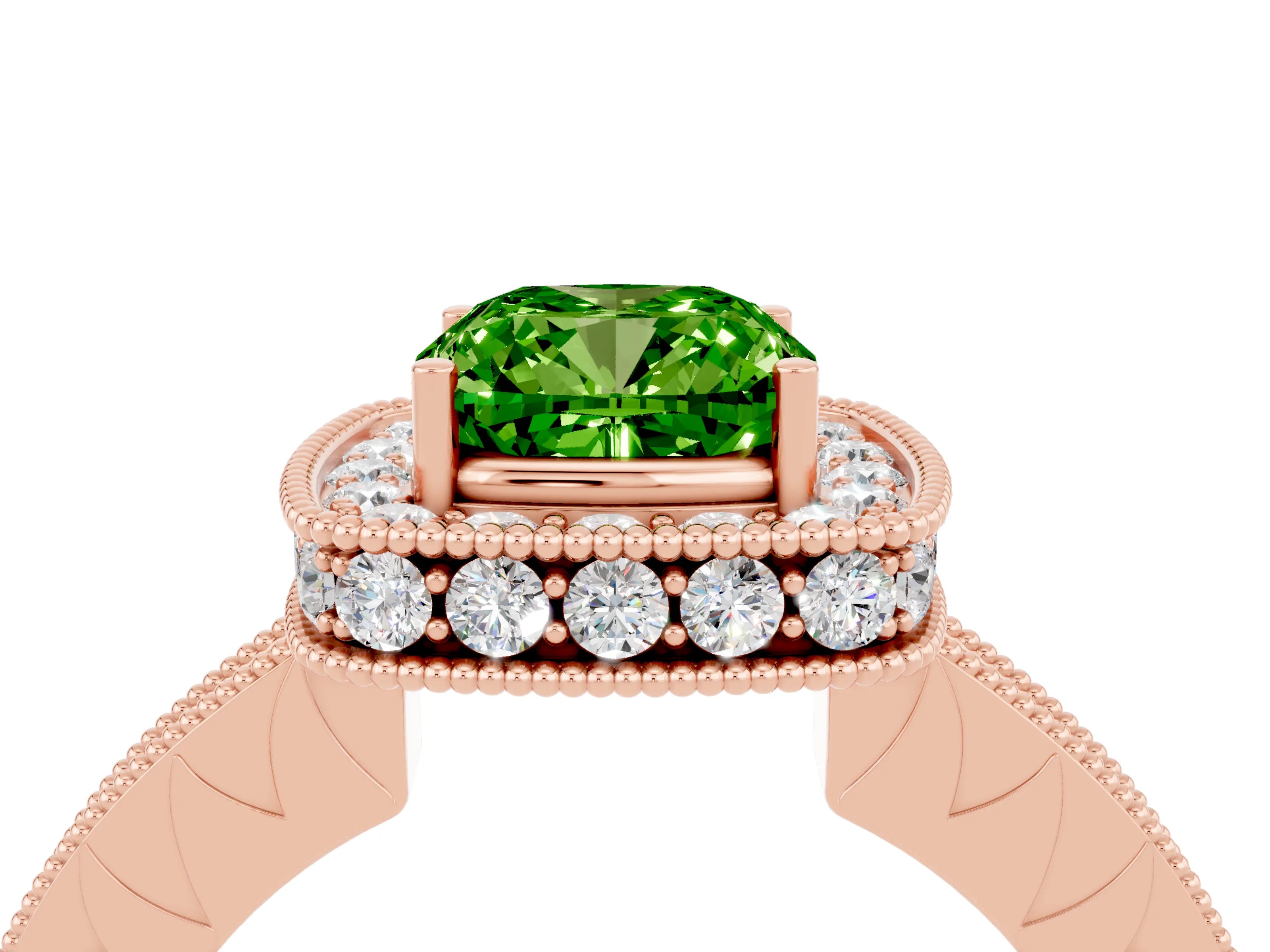 Rose gold Cushion Cut Halo Diamond Engagement Ring with Milgrain Pave Band and Four-Prong Setting_4