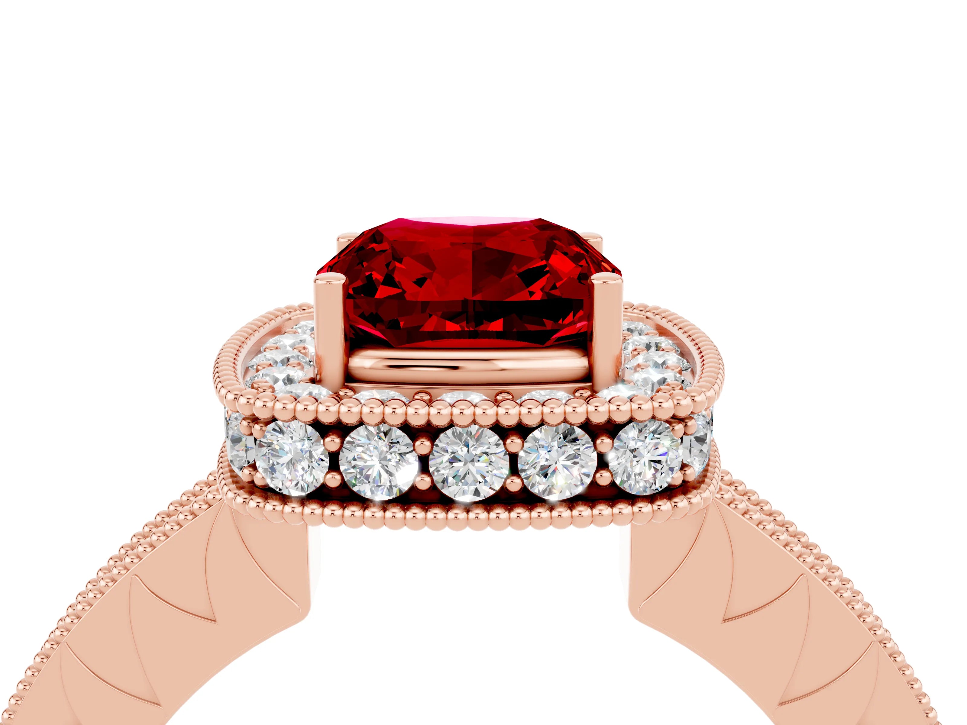Rose gold Cushion Cut Halo Diamond Engagement Ring with Milgrain Pave Band and Four-Prong Setting_4