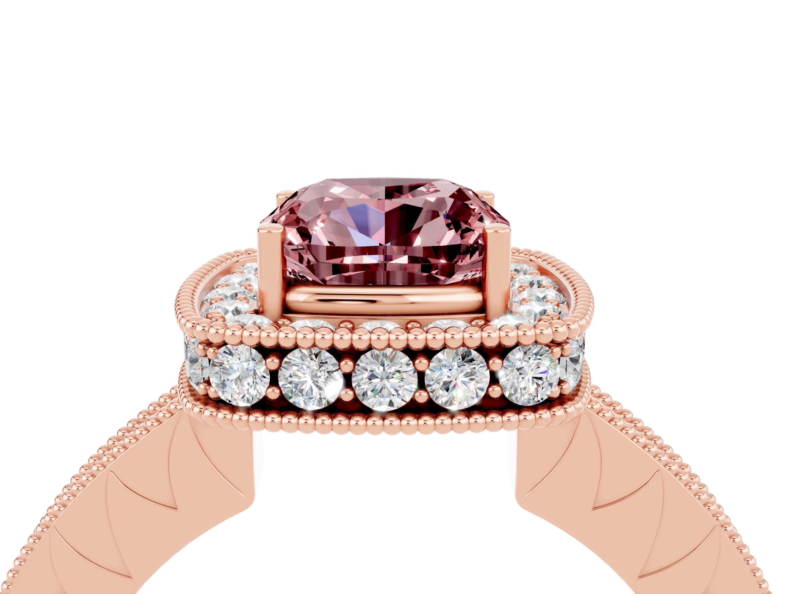 Rose gold Cushion Cut Halo Diamond Engagement Ring with Milgrain Pave Band and Four-Prong Setting_4