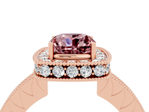 Rose gold Cushion Cut Halo Diamond Engagement Ring with Milgrain Pave Band and Four-Prong Setting_4