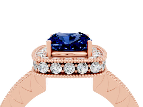Rose gold Cushion Cut Halo Diamond Engagement Ring with Milgrain Pave Band and Four-Prong Setting_4