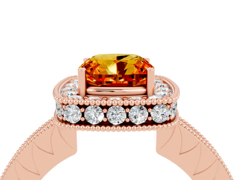 Rose gold Cushion Cut Halo Diamond Engagement Ring with Milgrain Pave Band and Four-Prong Setting_4