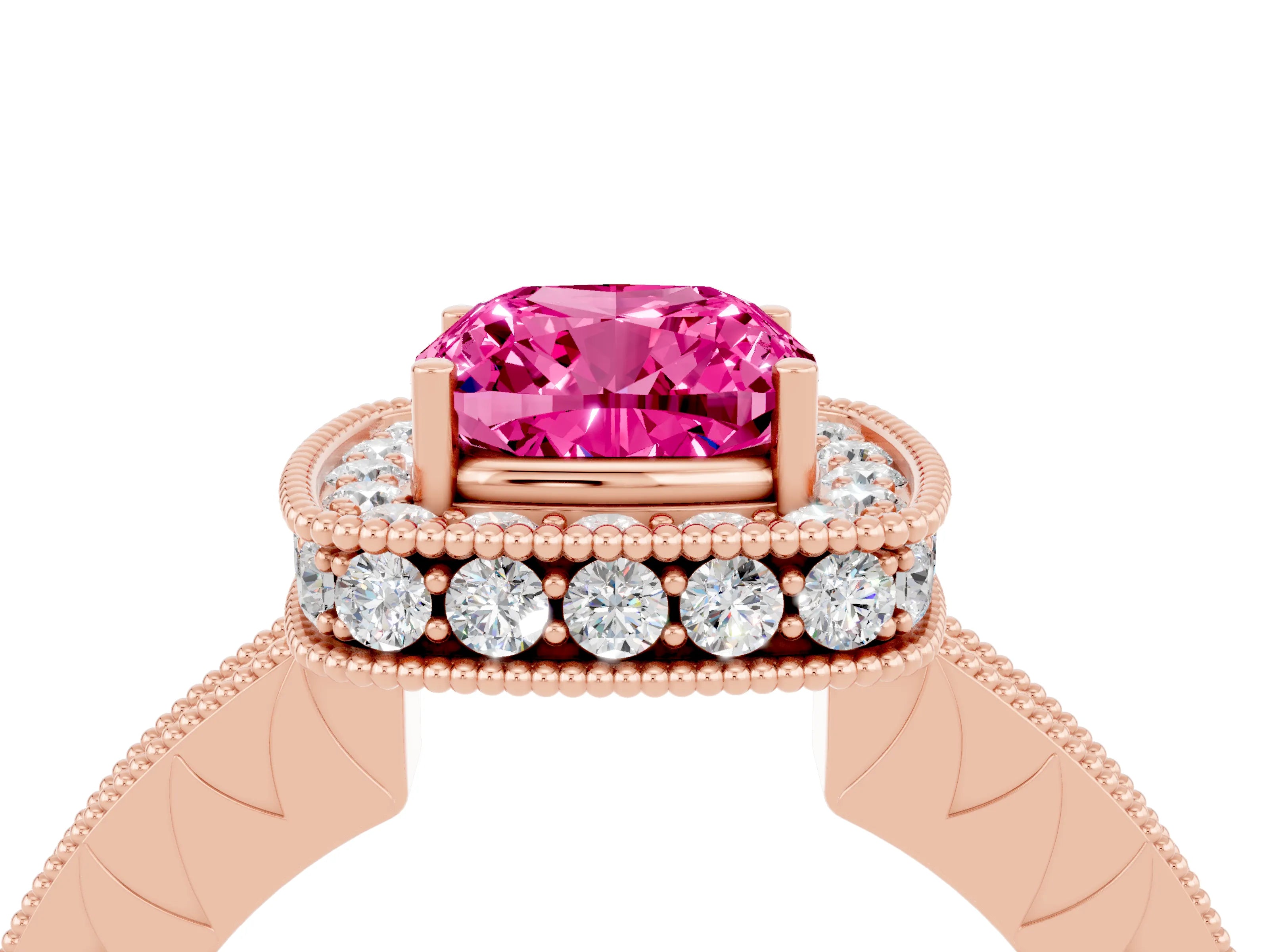 Rose gold Cushion Cut Halo Diamond Engagement Ring with Milgrain Pave Band and Four-Prong Setting_4
