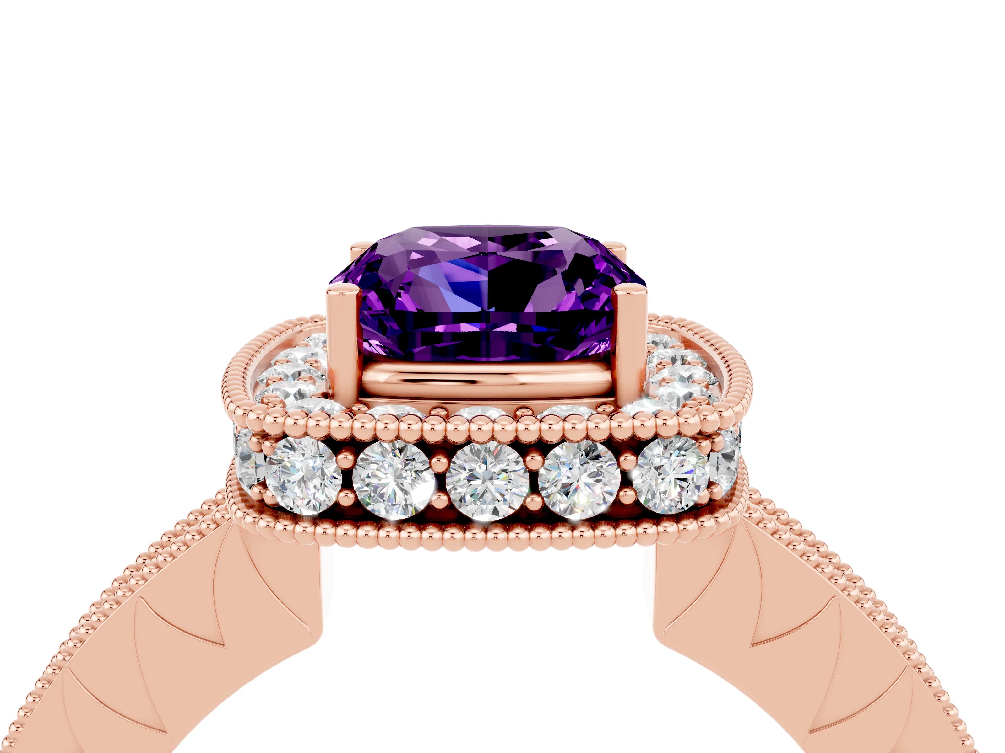 Rose gold Cushion Cut Halo Diamond Engagement Ring with Milgrain Pave Band and Four-Prong Setting_4