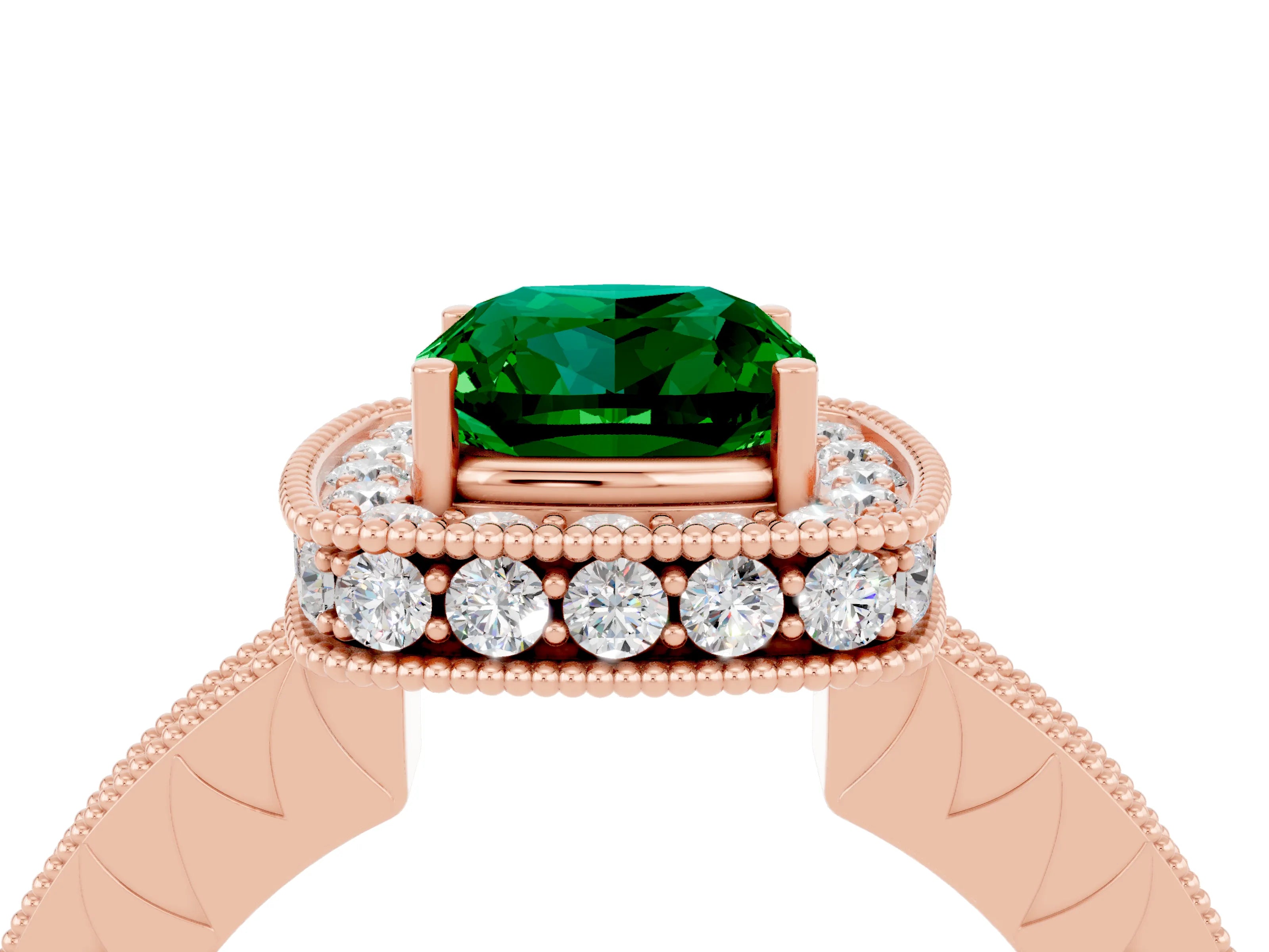 Rose gold Cushion Cut Halo Diamond Engagement Ring with Milgrain Pave Band and Four-Prong Setting_4