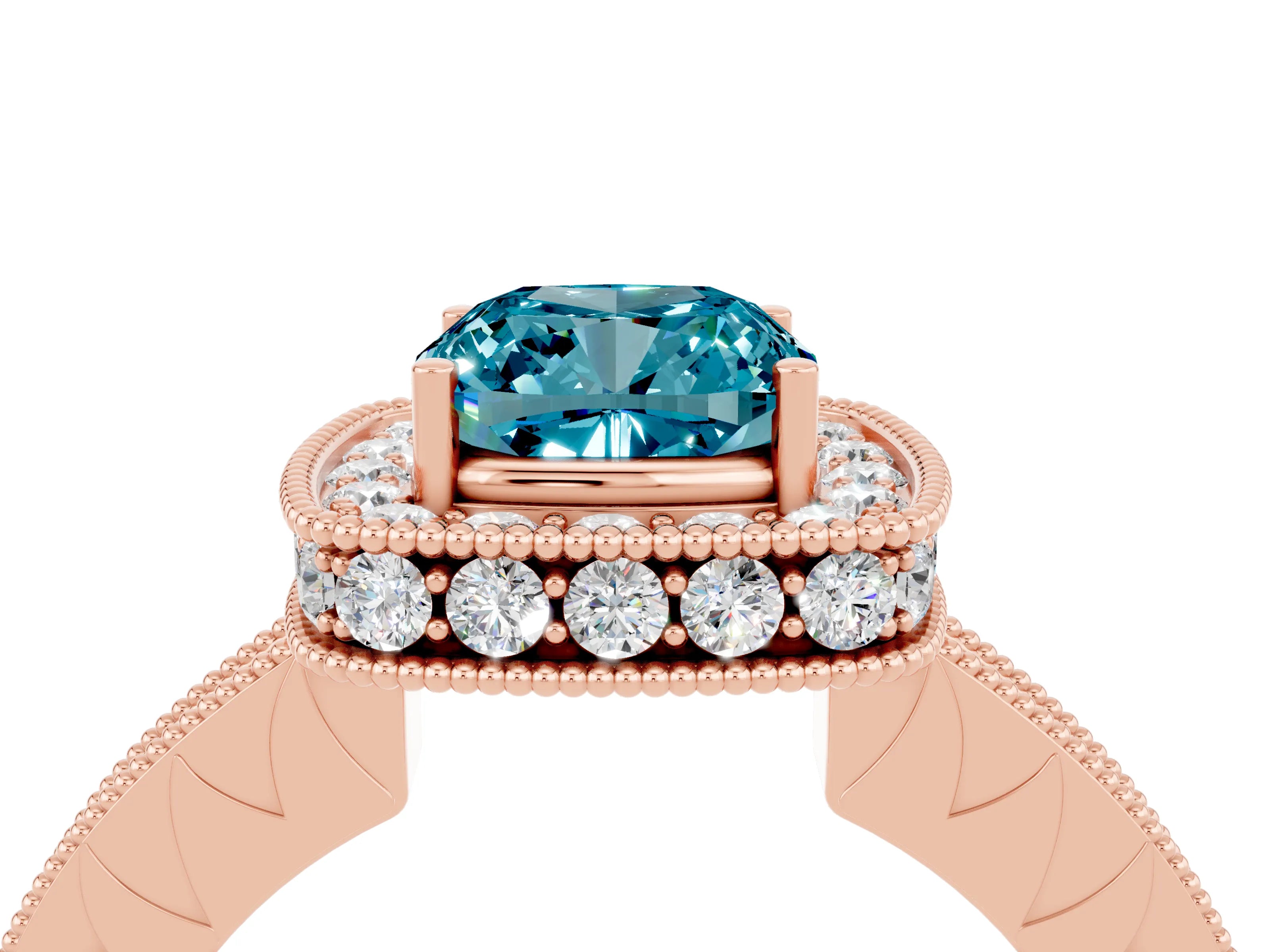 Rose gold Cushion Cut Halo Diamond Engagement Ring with Milgrain Pave Band and Four-Prong Setting_4
