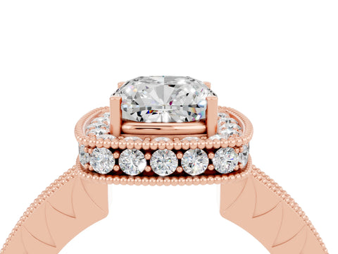 Rose gold Cushion Cut Halo Diamond Engagement Ring with Milgrain Pave Band and Four-Prong Setting_4