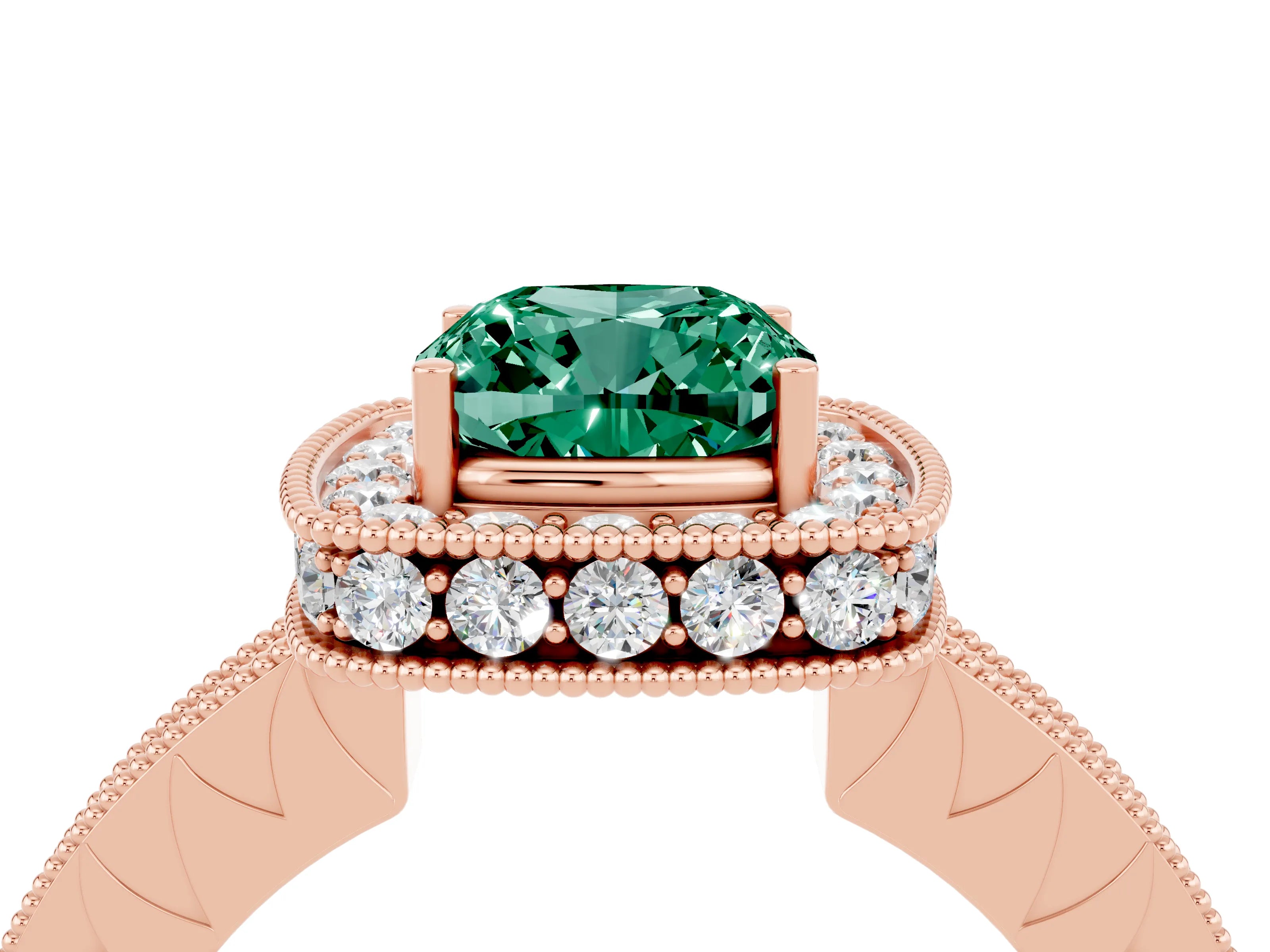 Rose gold Cushion Cut Halo Diamond Engagement Ring with Milgrain Pave Band and Four-Prong Setting_4