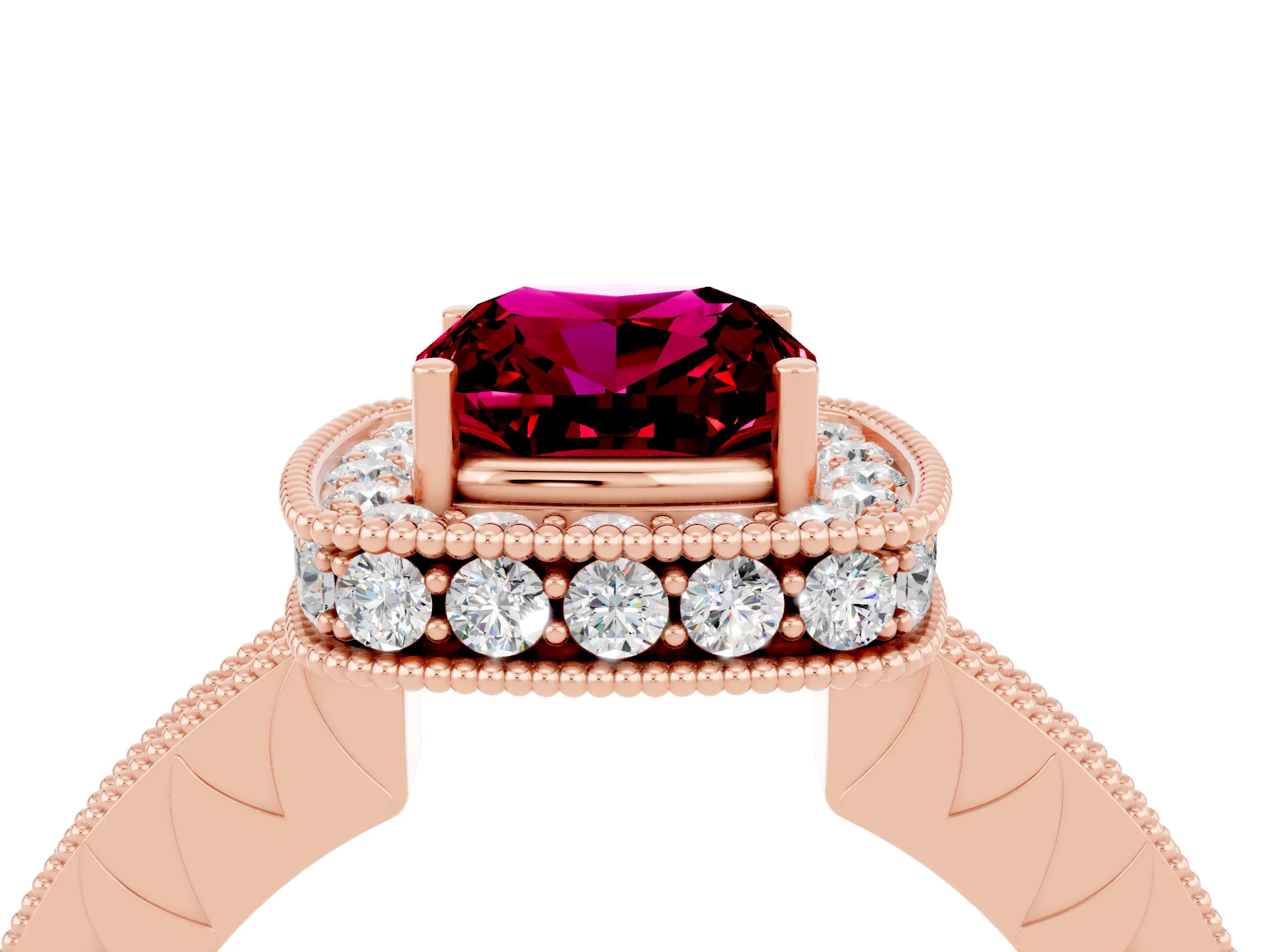 Rose gold Cushion Cut Halo Diamond Engagement Ring with Milgrain Pave Band and Four-Prong Setting_4