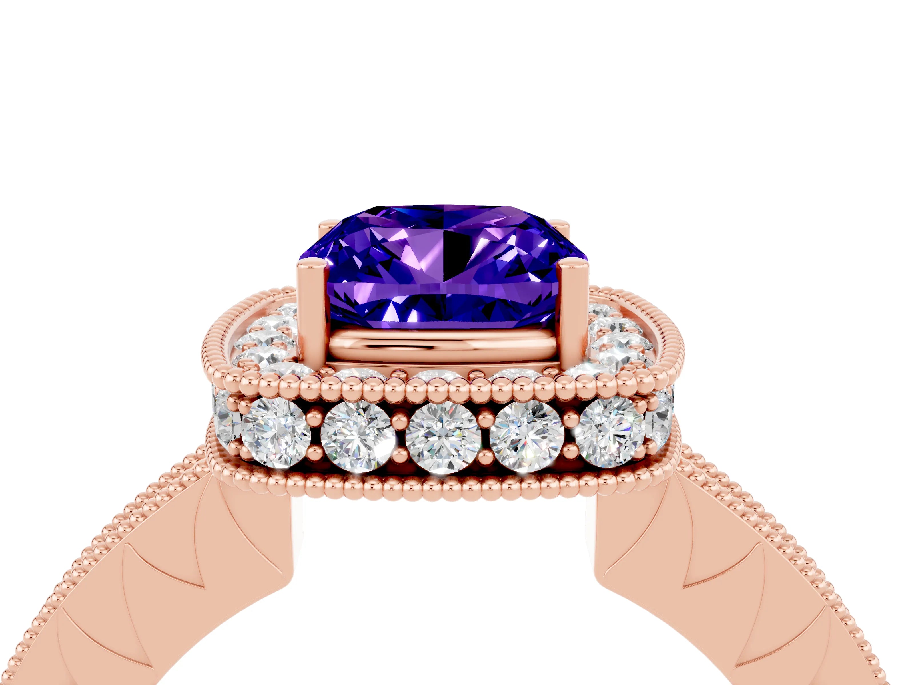 Rose gold Cushion Cut Halo Diamond Engagement Ring with Milgrain Pave Band and Four-Prong Setting_4