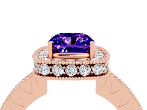 Rose gold Cushion Cut Halo Diamond Engagement Ring with Milgrain Pave Band and Four-Prong Setting_4