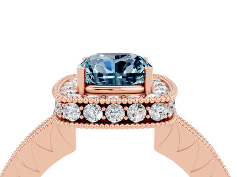 Rose gold Cushion Cut Halo Diamond Engagement Ring with Milgrain Pave Band and Four-Prong Setting_4