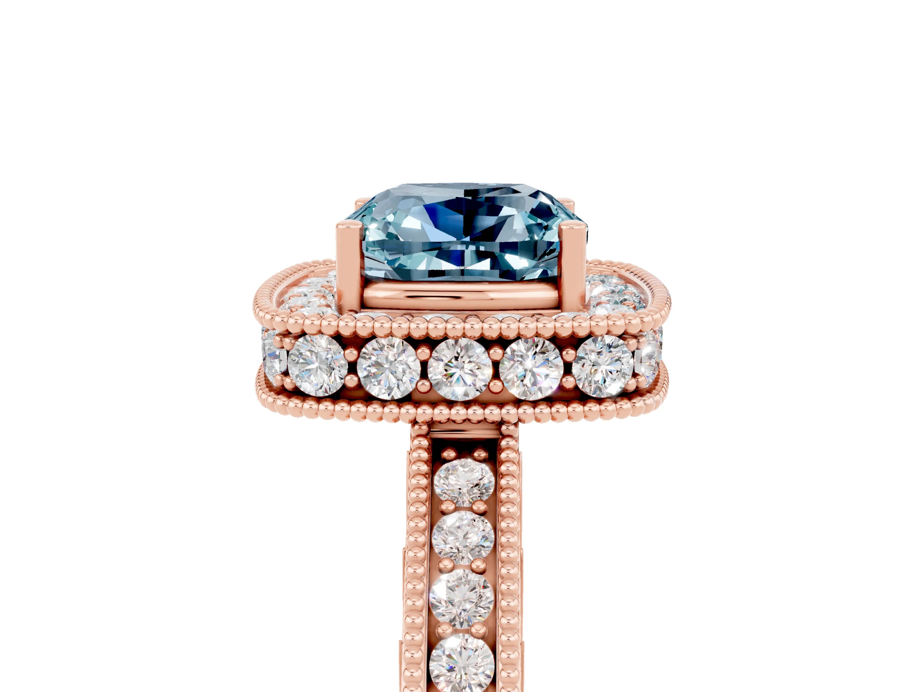 Rose gold Cushion Cut Halo Diamond Engagement Ring with Milgrain Pave Band and Four-Prong Setting_5