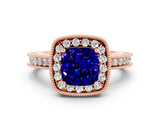 Rose gold Cushion Cut Halo Diamond Engagement Ring with Milgrain Pave Band and Four-Prong Setting