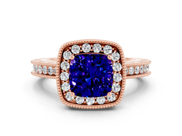 Rose gold Cushion Cut Halo Diamond Engagement Ring with Milgrain Pave Band and Four-Prong Setting