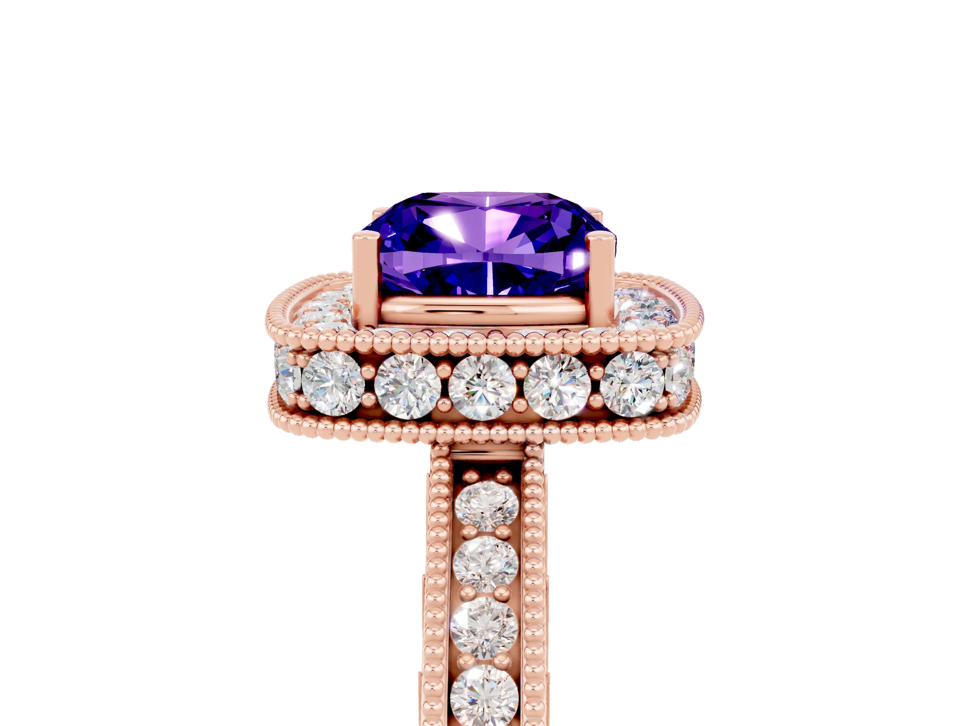 Rose gold Cushion Cut Halo Diamond Engagement Ring with Milgrain Pave Band and Four-Prong Setting_5