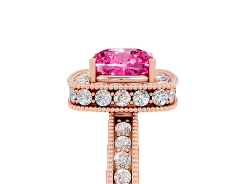 Rose gold Cushion Cut Halo Diamond Engagement Ring with Milgrain Pave Band and Four-Prong Setting_5