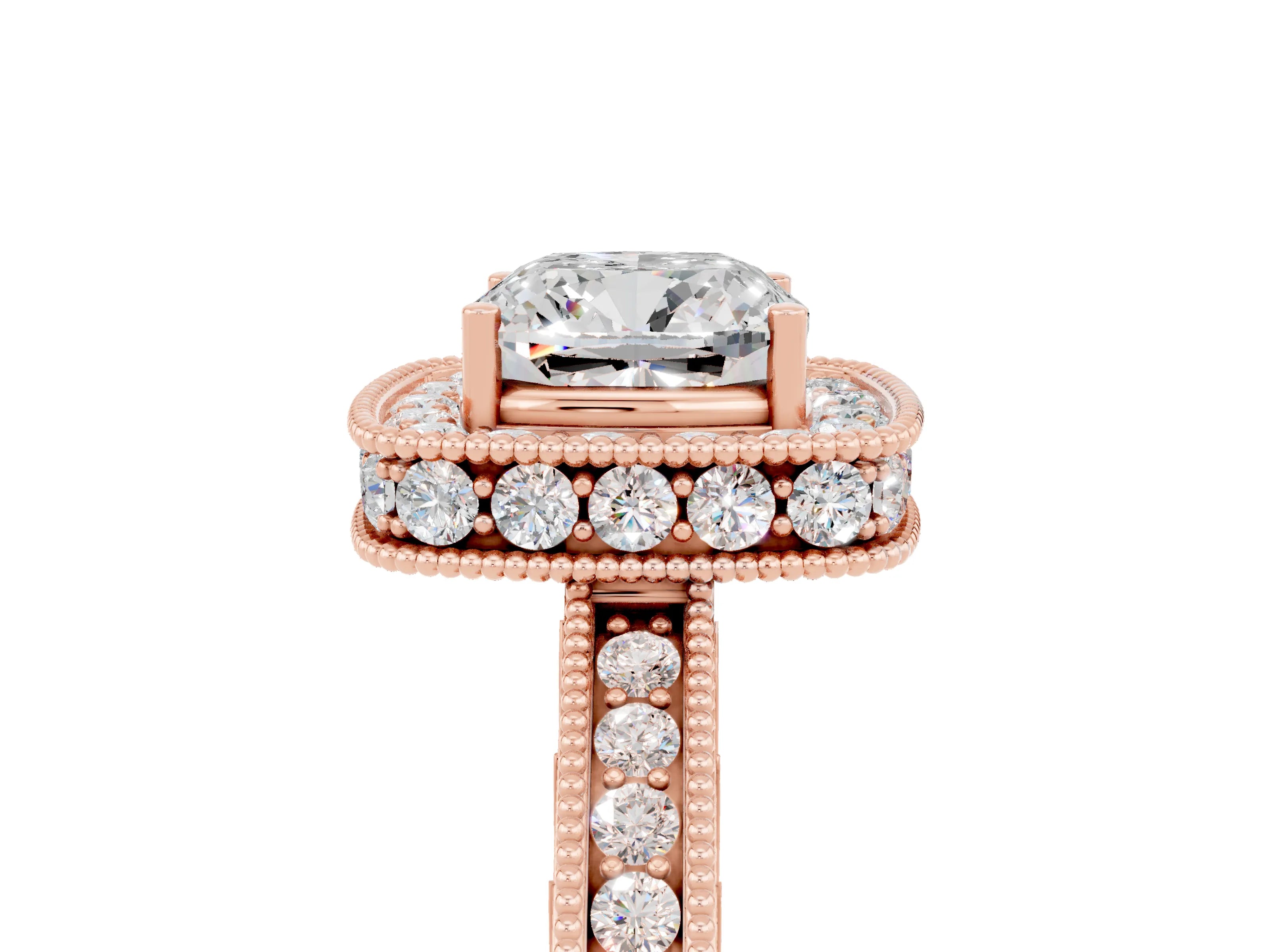 Rose gold Cushion Cut Halo Diamond Engagement Ring with Milgrain Pave Band and Four-Prong Setting_5