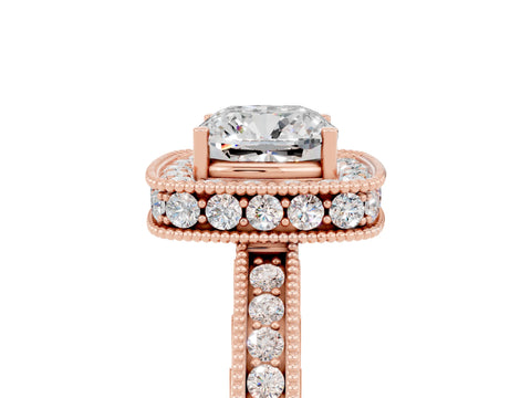 Rose gold Cushion Cut Halo Diamond Engagement Ring with Milgrain Pave Band and Four-Prong Setting_5