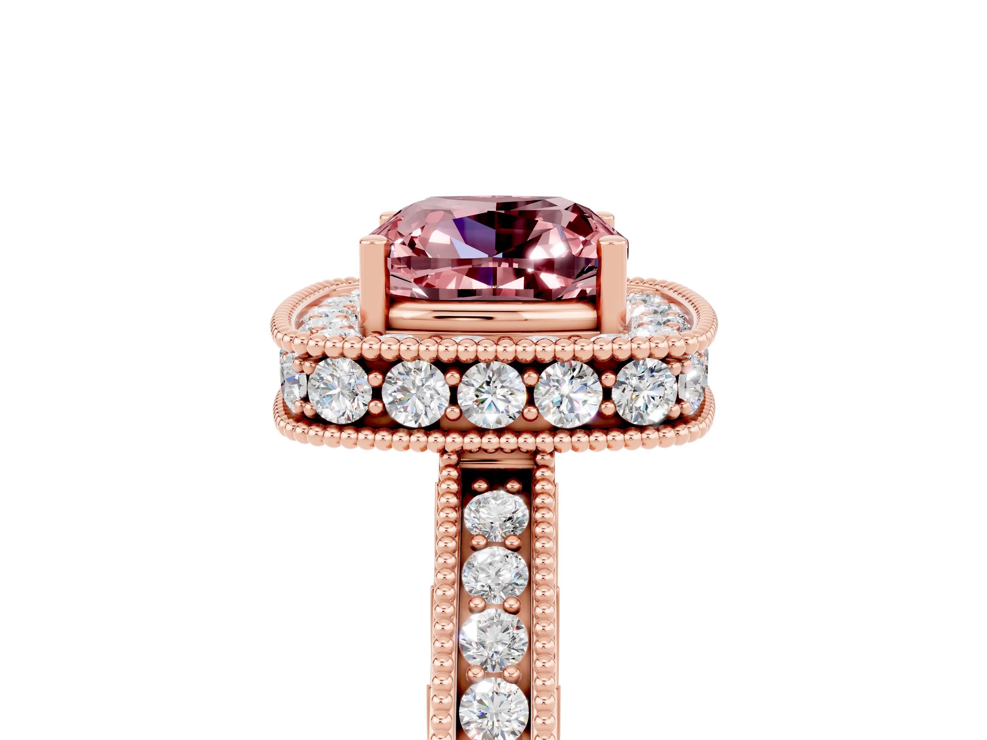 Rose gold Cushion Cut Halo Diamond Engagement Ring with Milgrain Pave Band and Four-Prong Setting_5