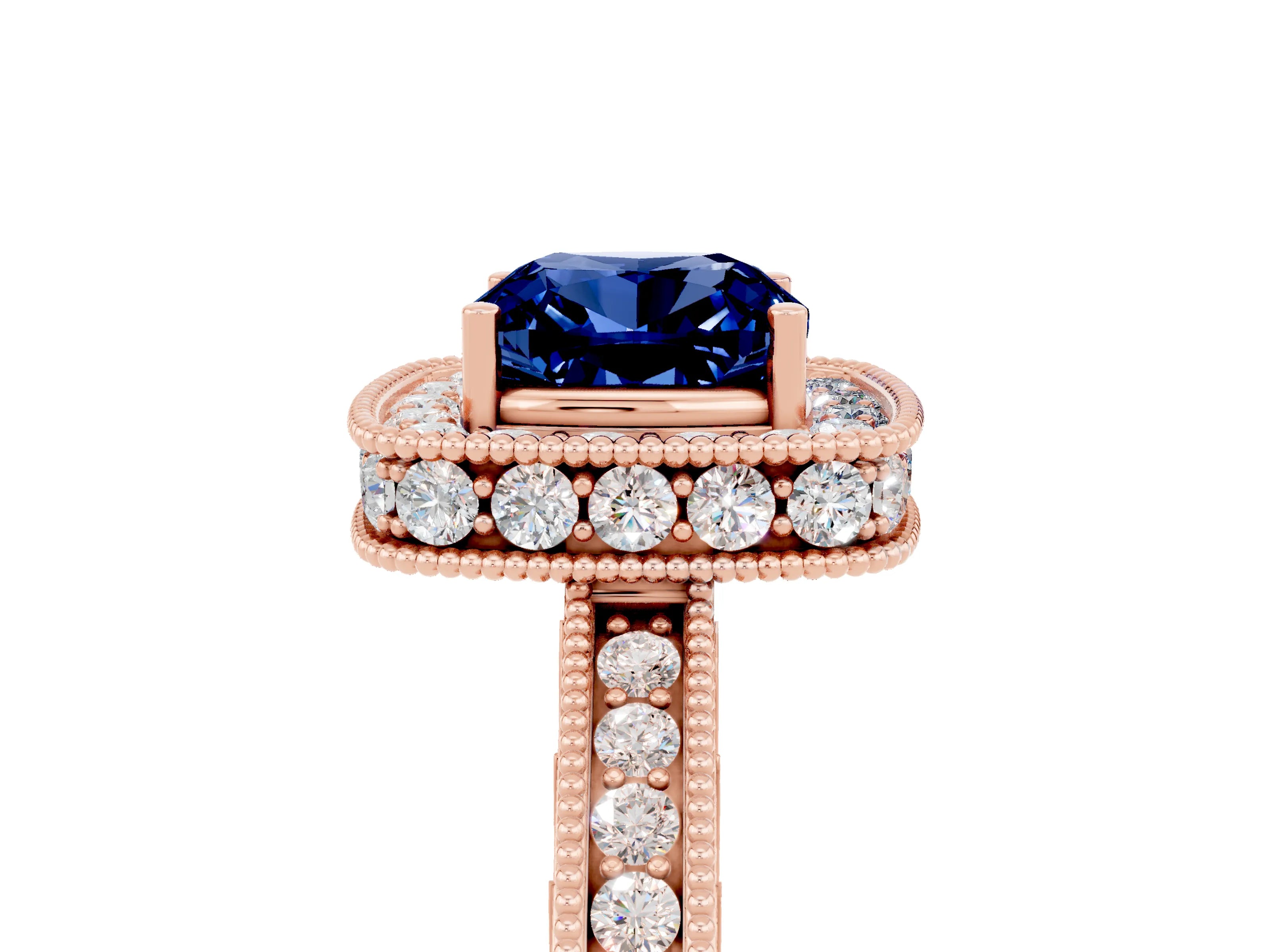 Rose gold Cushion Cut Halo Diamond Engagement Ring with Milgrain Pave Band and Four-Prong Setting_5
