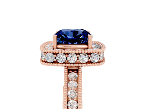 Rose gold Cushion Cut Halo Diamond Engagement Ring with Milgrain Pave Band and Four-Prong Setting_5