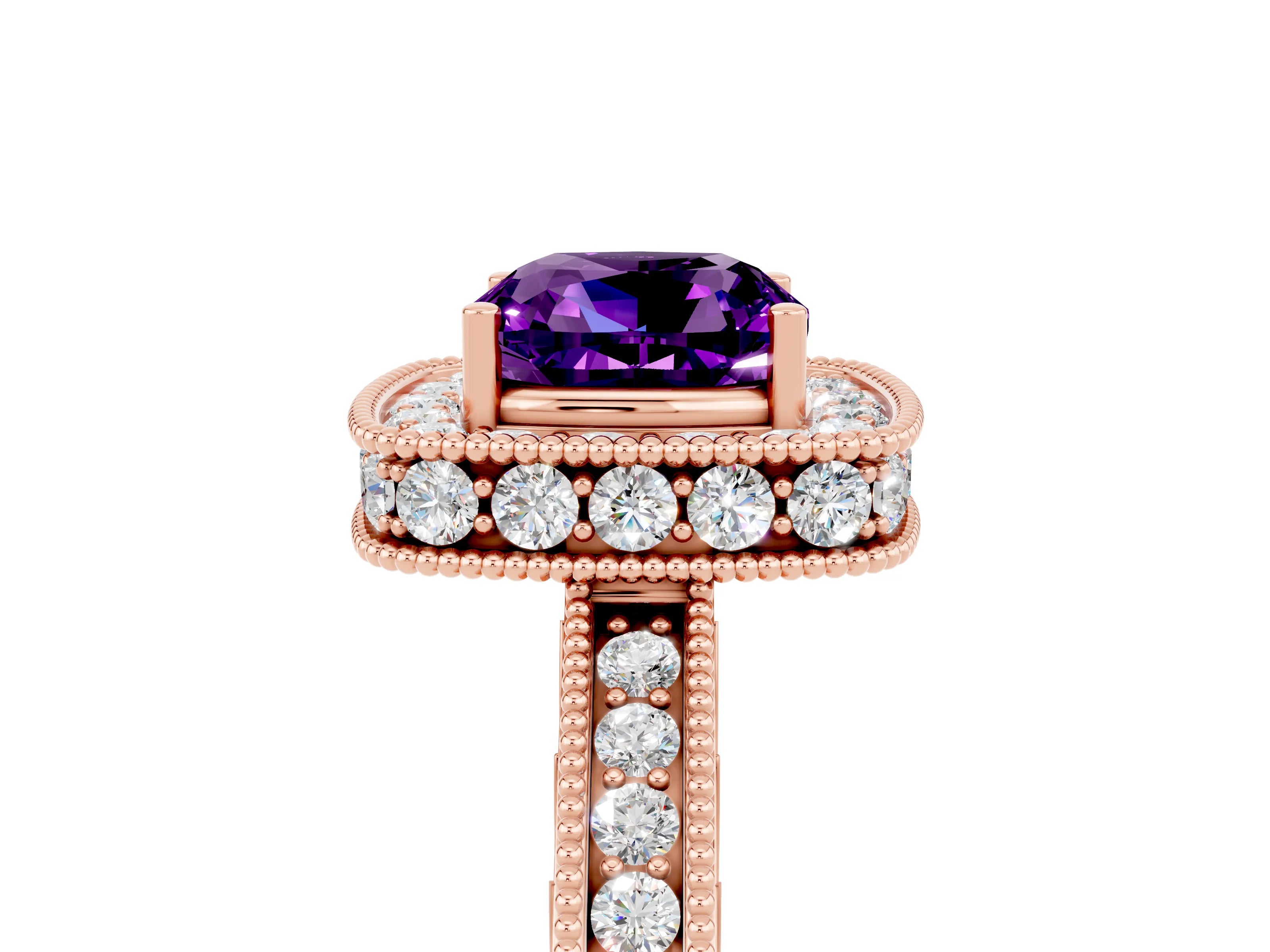 Rose gold Cushion Cut Halo Diamond Engagement Ring with Milgrain Pave Band and Four-Prong Setting_5