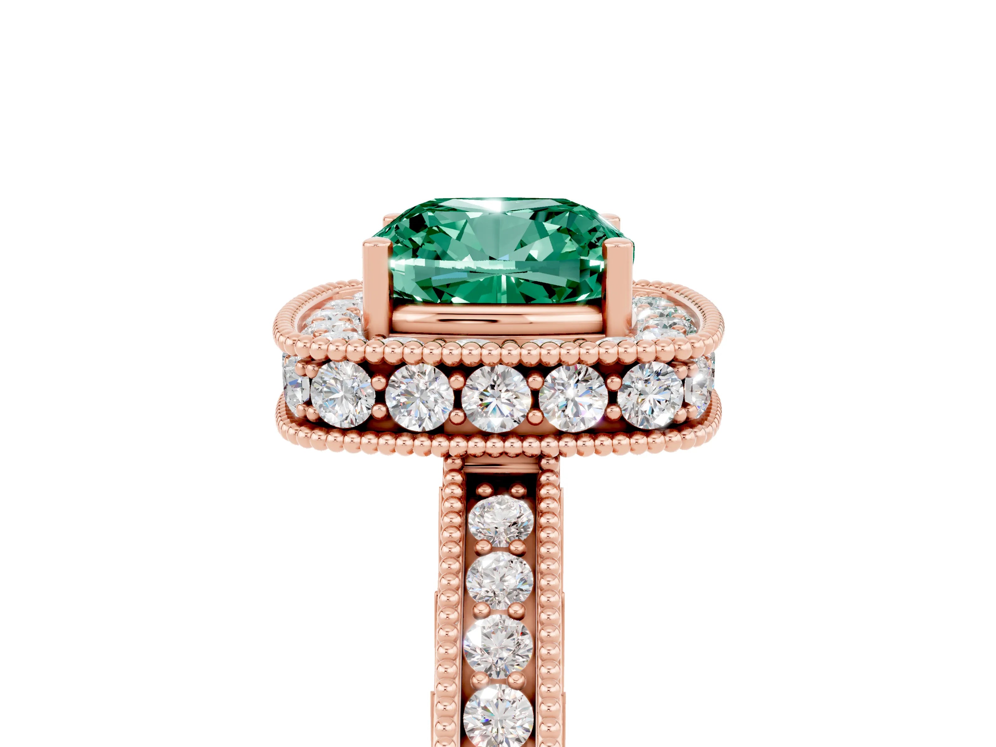 Rose gold Cushion Cut Halo Diamond Engagement Ring with Milgrain Pave Band and Four-Prong Setting_5