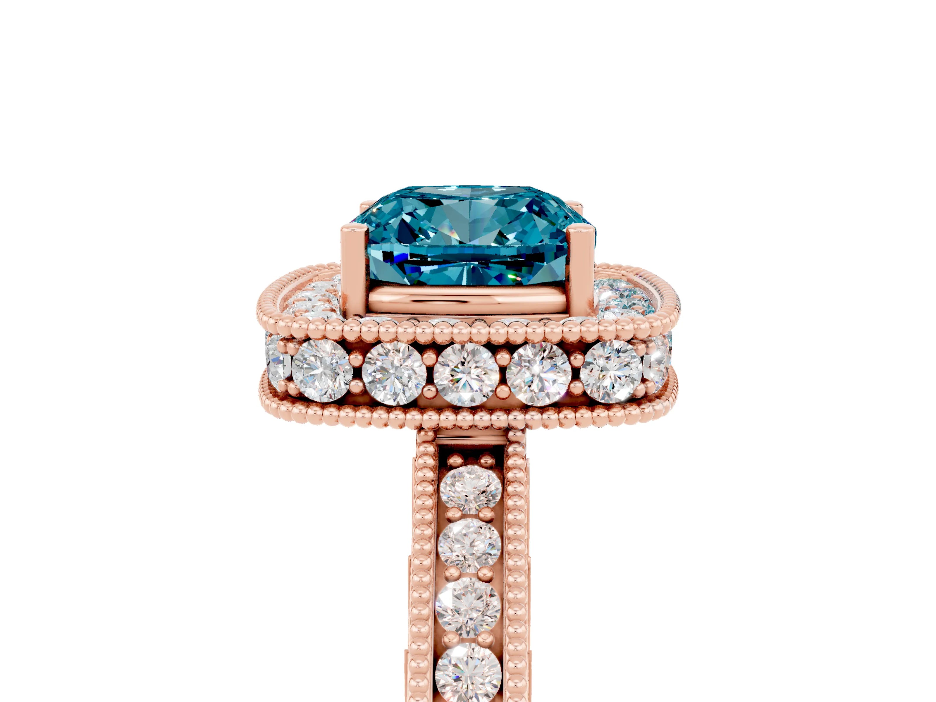 Rose gold Cushion Cut Halo Diamond Engagement Ring with Milgrain Pave Band and Four-Prong Setting_5