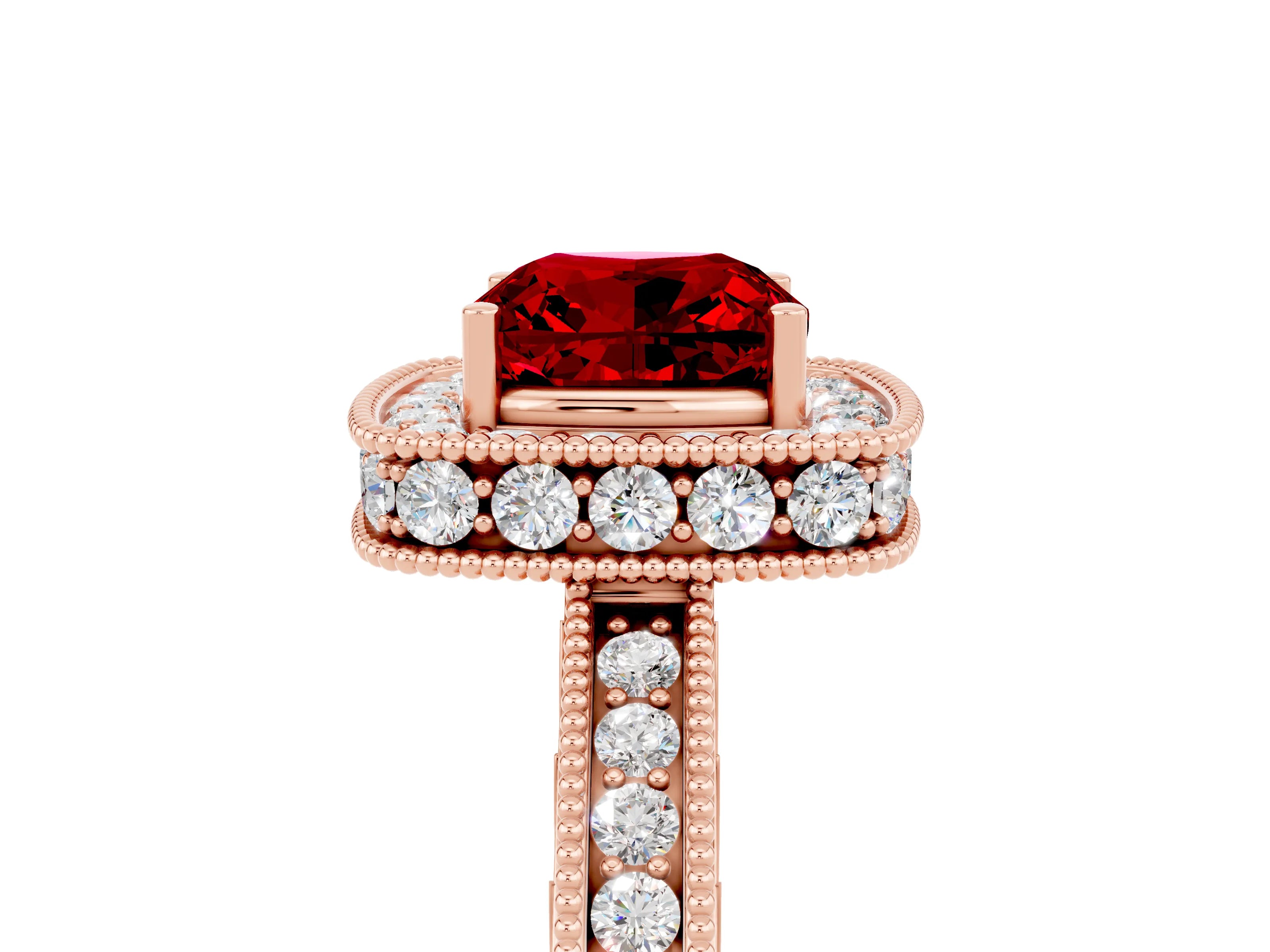 Rose gold Cushion Cut Halo Diamond Engagement Ring with Milgrain Pave Band and Four-Prong Setting_5