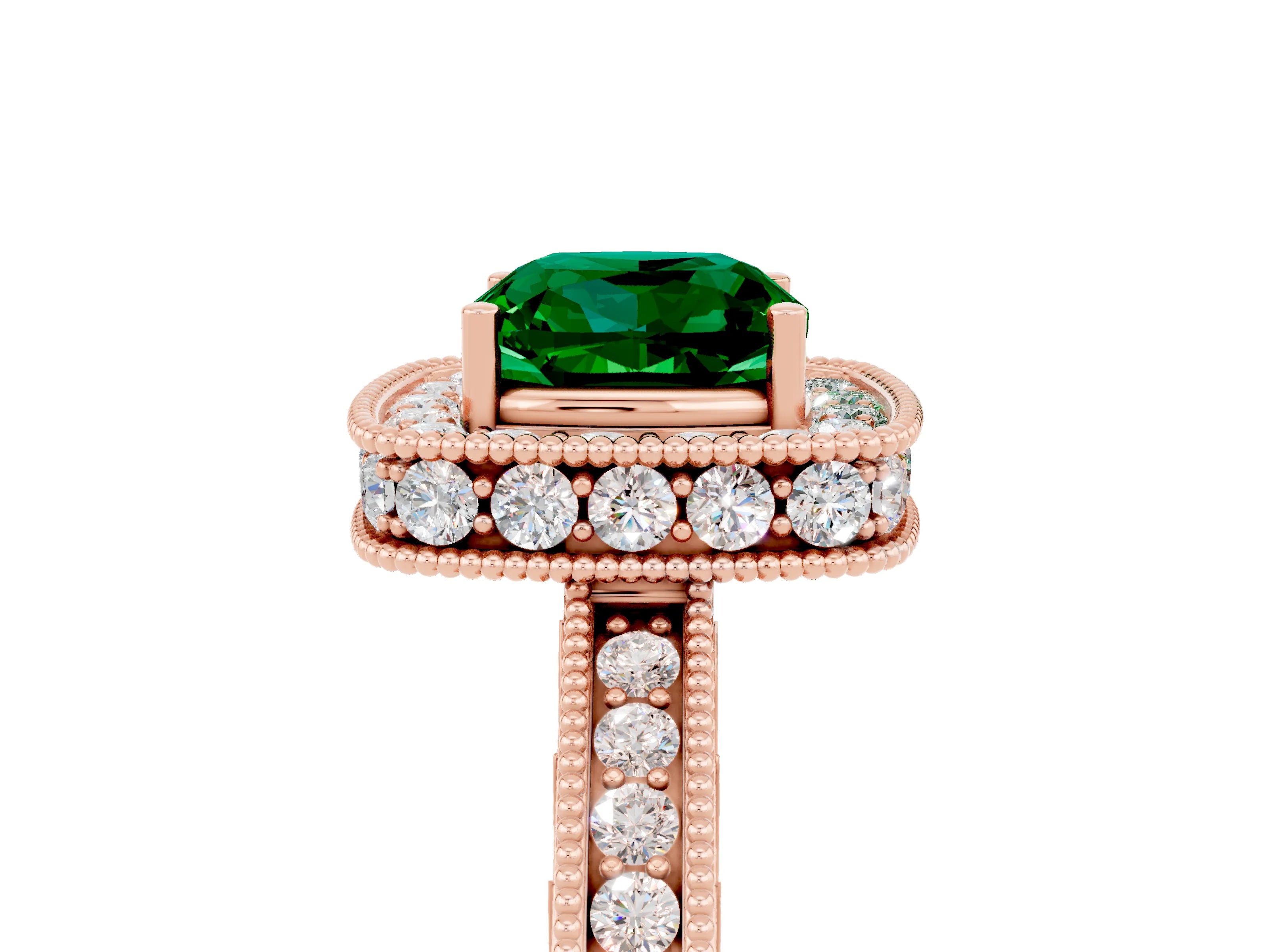 Rose gold Cushion Cut Halo Diamond Engagement Ring with Milgrain Pave Band and Four-Prong Setting_5