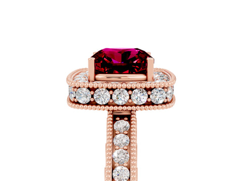 Rose gold Cushion Cut Halo Diamond Engagement Ring with Milgrain Pave Band and Four-Prong Setting_5