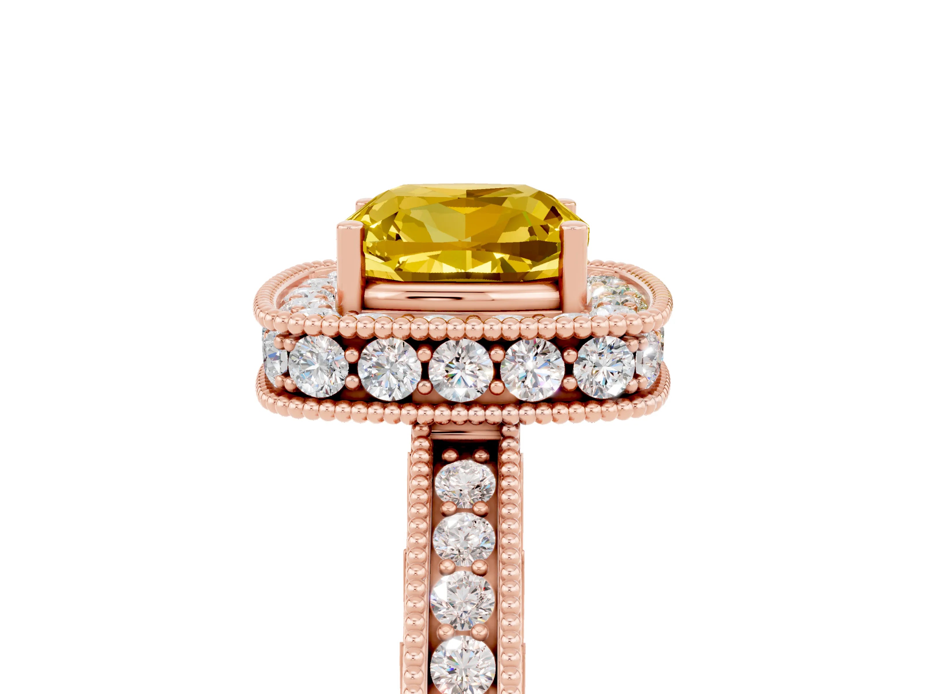 Rose gold Cushion Cut Halo Diamond Engagement Ring with Milgrain Pave Band and Four-Prong Setting_5
