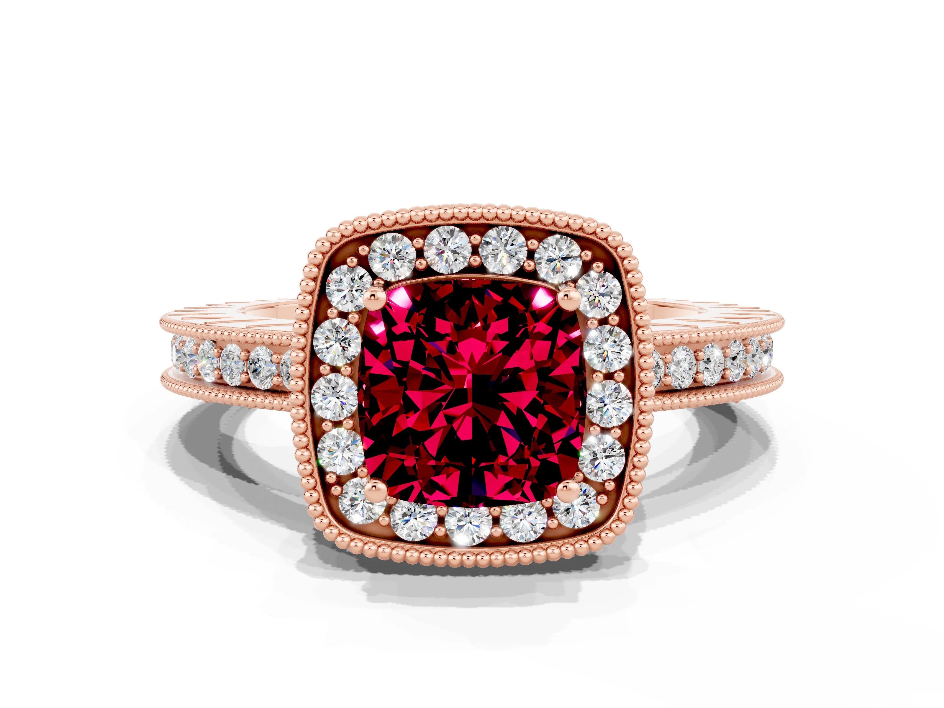 Rose gold Cushion Cut Halo Diamond Engagement Ring with Milgrain Pave Band and Four-Prong Setting