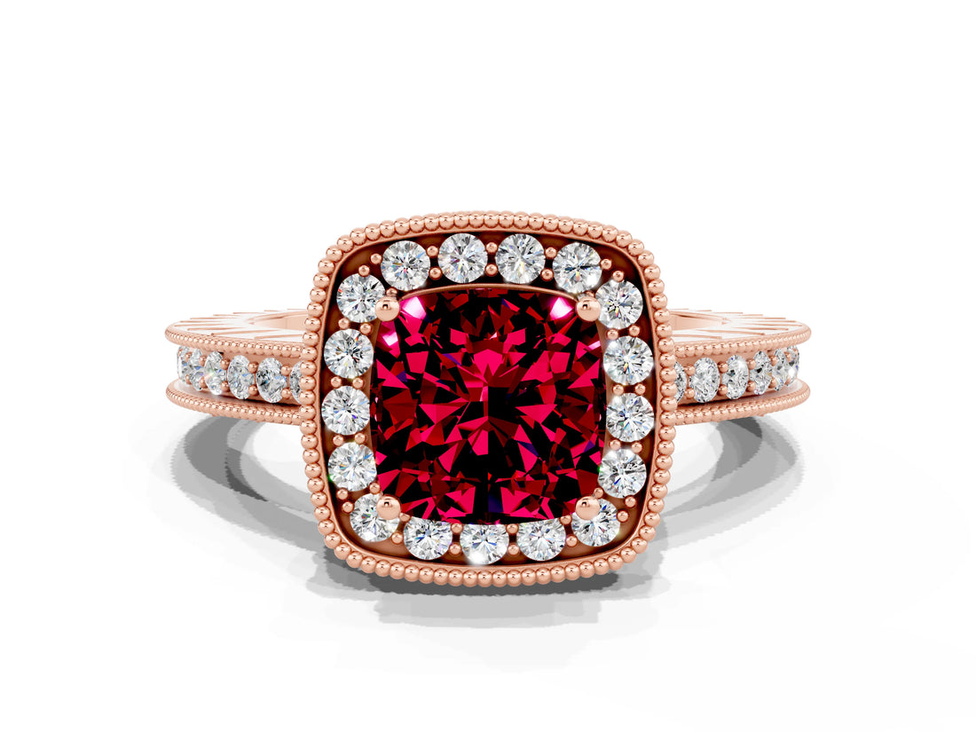 Rose gold Cushion Cut Halo Diamond Engagement Ring with Milgrain Pave Band and Four-Prong Setting