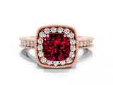 Rose gold Cushion Cut Halo Diamond Engagement Ring with Milgrain Pave Band and Four-Prong Setting