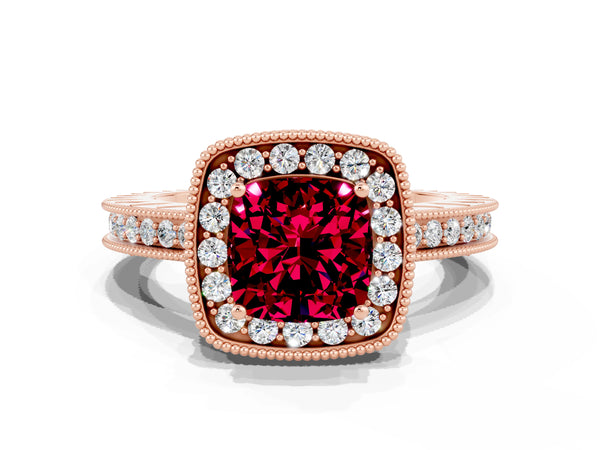 Rose gold Cushion Cut Halo Diamond Engagement Ring with Milgrain Pave Band and Four-Prong Setting