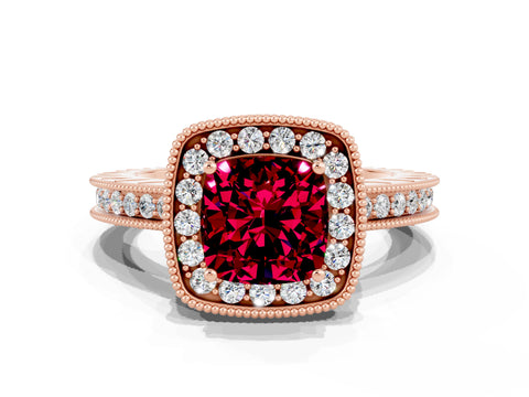 Rose gold Cushion Cut Halo Diamond Engagement Ring with Milgrain Pave Band and Four-Prong Setting