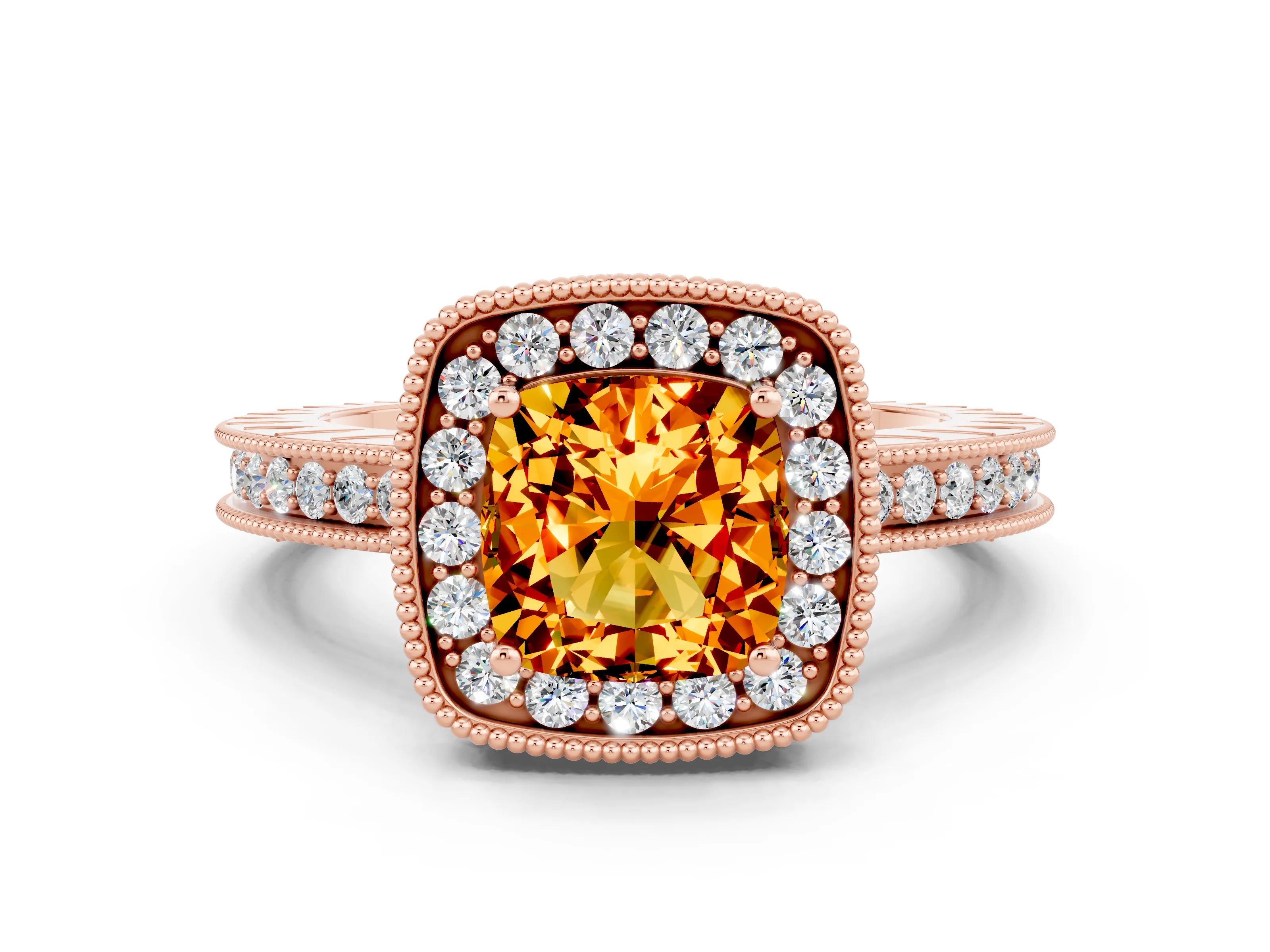 Rose gold Cushion Cut Halo Diamond Engagement Ring with Milgrain Pave Band and Four-Prong Setting