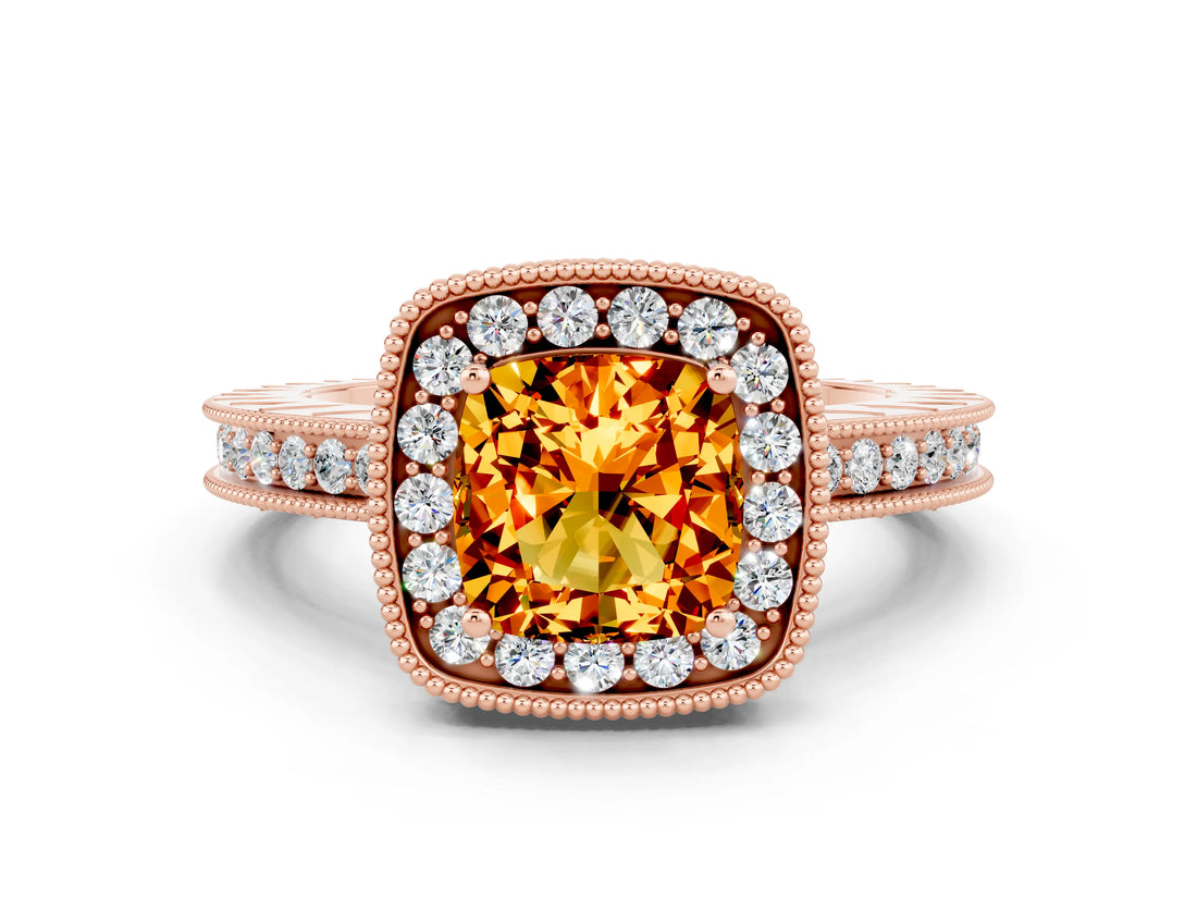 Rose gold Cushion Cut Halo Diamond Engagement Ring with Milgrain Pave Band and Four-Prong Setting
