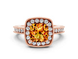Rose gold Cushion Cut Halo Diamond Engagement Ring with Milgrain Pave Band and Four-Prong Setting