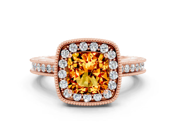 Rose gold Cushion Cut Halo Diamond Engagement Ring with Milgrain Pave Band and Four-Prong Setting