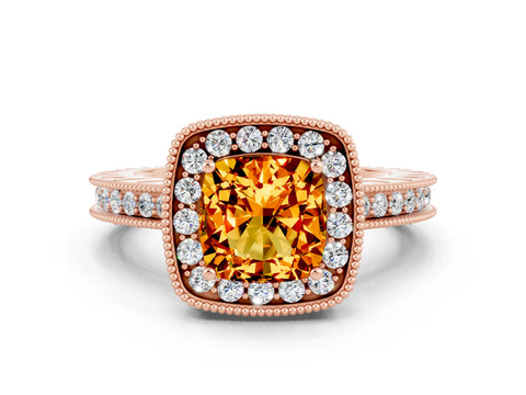 Rose gold Cushion Cut Halo Diamond Engagement Ring with Milgrain Pave Band and Four-Prong Setting